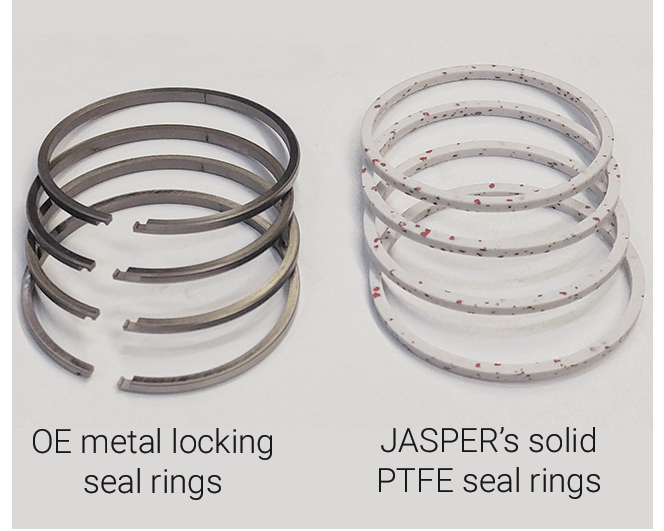JASPER prevents hydraulic leaks by installing solid PTFE stator support seals. Torque Plate Honing